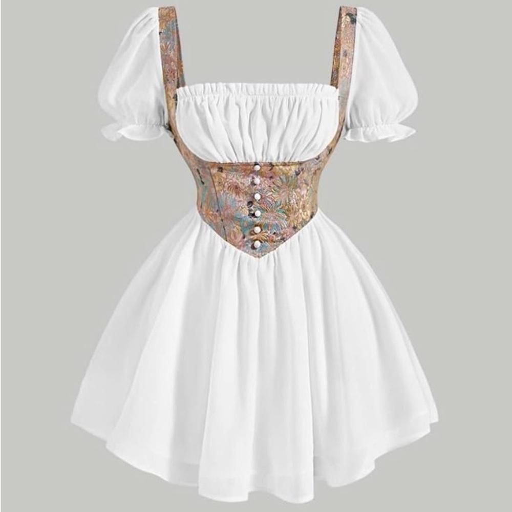 SHEIN MOD Floral Jacquard Ruched Bust Milkmaid Dress